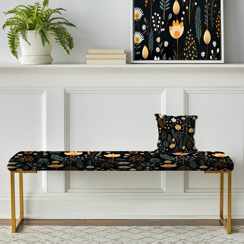 Banc floral rembourré or, Charme de jardin rustique noir et jaune