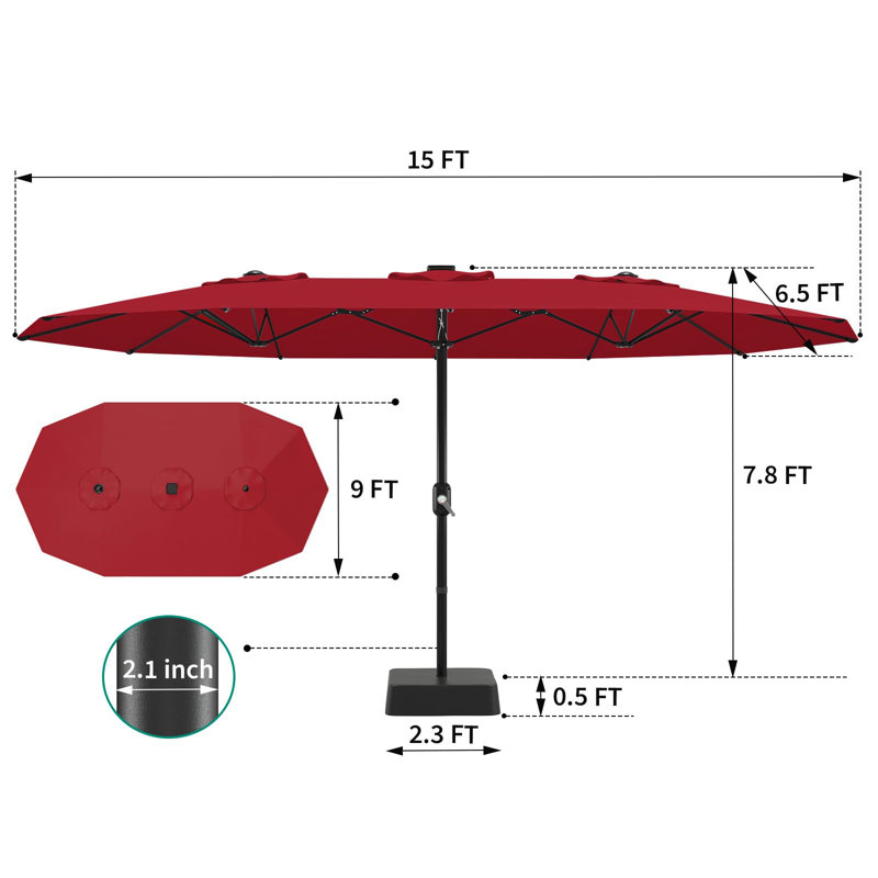 Très grand parasol de patio double face 15 pi avec base robuste - Protection contre les rayons UV, imperméable, polyester résistant à la décoloration, poteau en acier robuste - jardin maraîcher extérieur, piscine, terrasse, cour - Claret