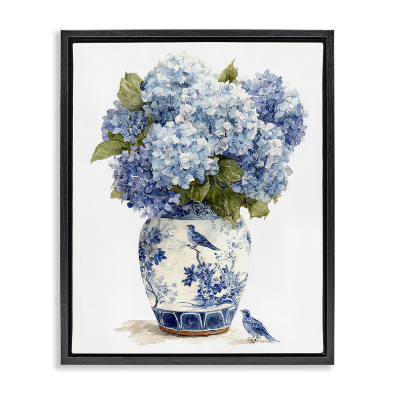 Cadre flottant Blue Bird & Hydrangea Vase, design par Imagine It Images, H 31 po x l 25 po, Cadre flottant noir de jais