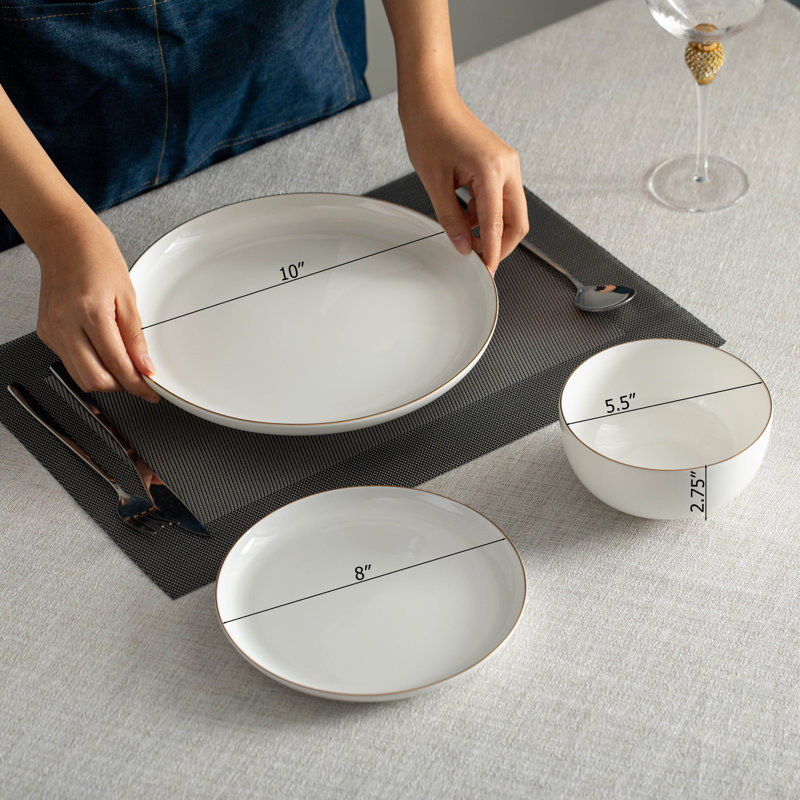 Elegant White Porcelain Dinnerware Set with Gold Accents, Service for 4