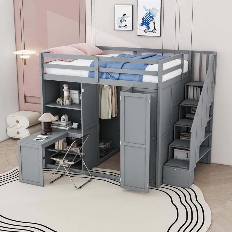 Lit mezzanine double en bois avec espace de travail intégré et garde-robe, Gris