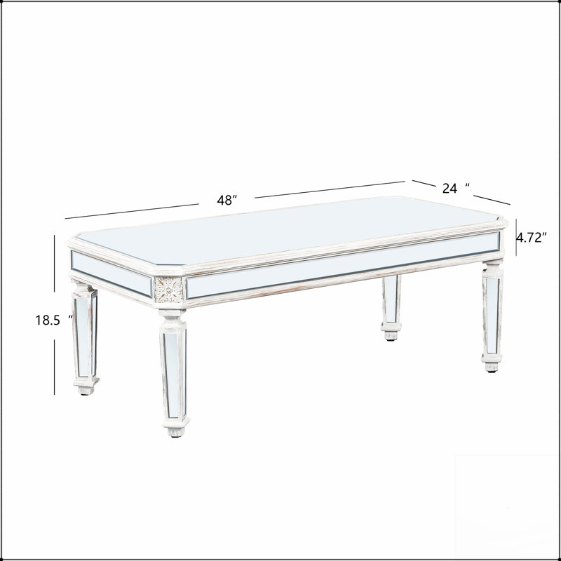 Table basse en miroir argenté avec éléments sculptés rétro, table à thé rectangulaire en verre pour salon moderne et bureau