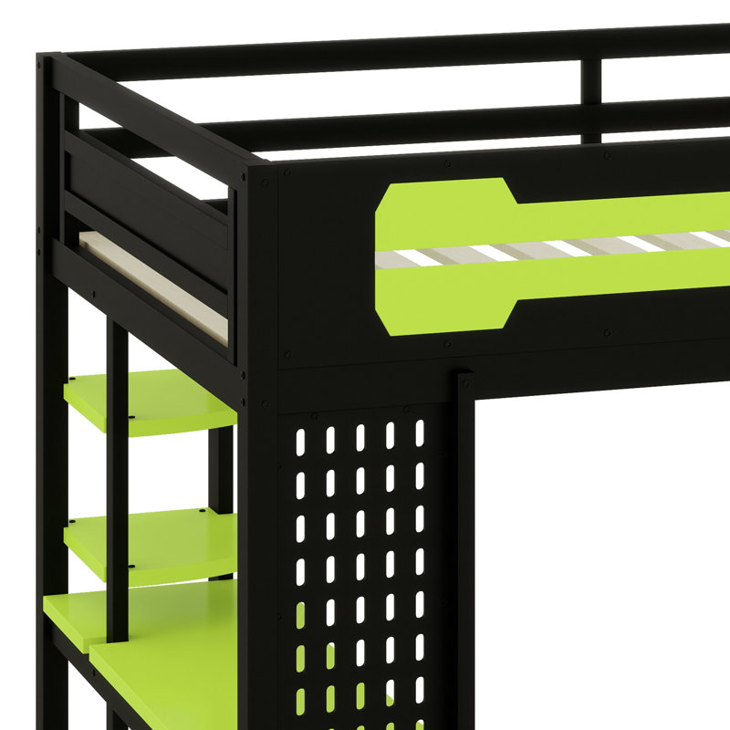 Lit mezzanine complet avec bureau, tablettes, Noir/vert