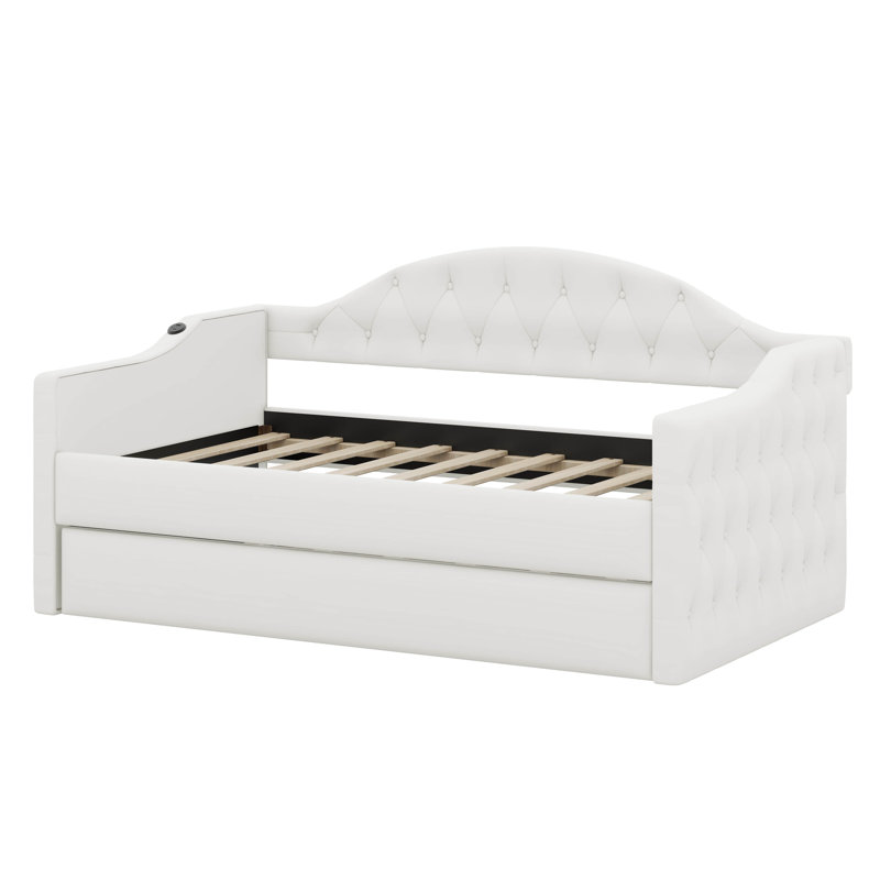 Lit de jour rembourré en velours capitonné avec couchette, port USB et port Type-C Martisa, Blanc