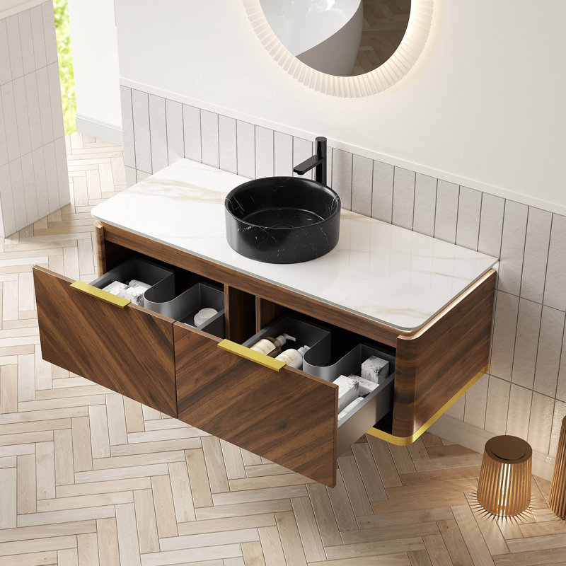 Meuble-lavabo 48 po, meuble-lavabo flottant en contreplaqué, tiroirs avec poignée et capteur en pierre frittée, 48"