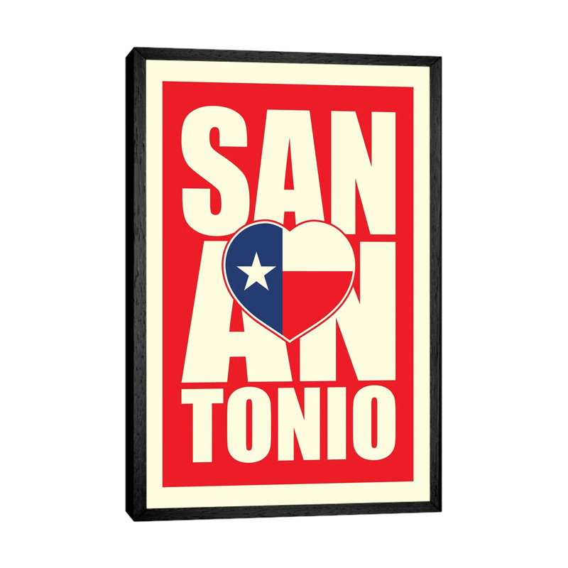 San Antonio Typography Heart by Benton Park Prints - Print on Canvas, 66.04 cm H x 45.72 cm W, Black Framed