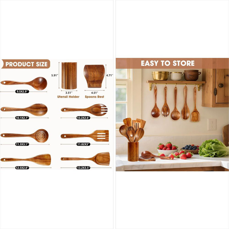 Ensemble d'ustensiles en bois de teck 9 pièces avec support et cuillère, cuillères et spatules en bois naturel pour la cuisine, ustensiles de cuisine anti-rayures