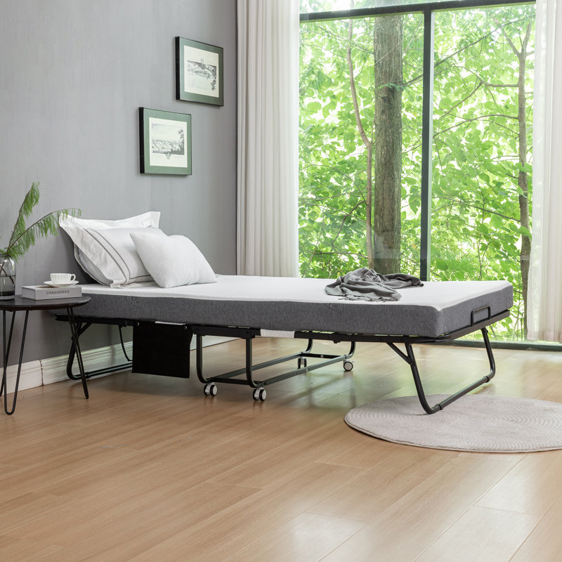 Lit pliable avec matelas et housse de rangement, portable et confortable pour les adultes, Double, Gris