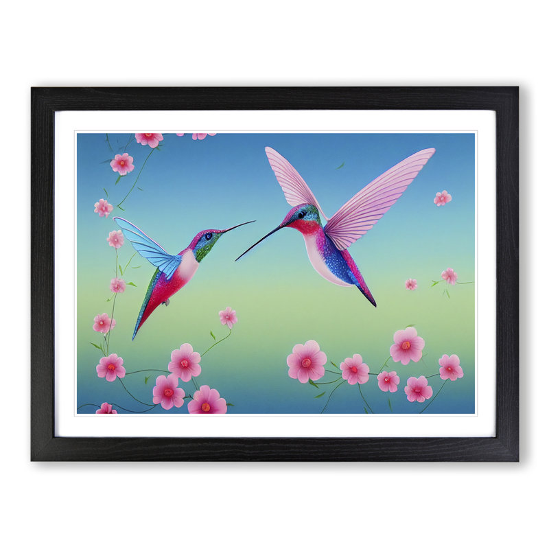 Illuminated Floral Hummingbirds - Single Picture Frame Print, 34cm H x 46cm W, Black