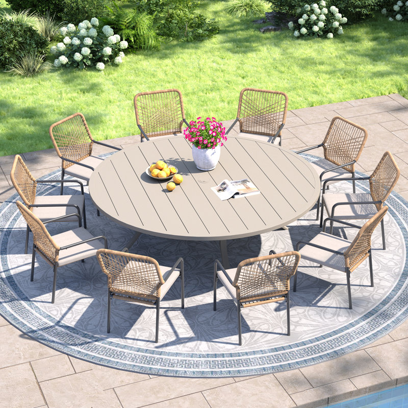 10-Person Patio Dining Set with 63" Round Dining Table and Cushioned Stackable Rattan Chairs, Sandshell