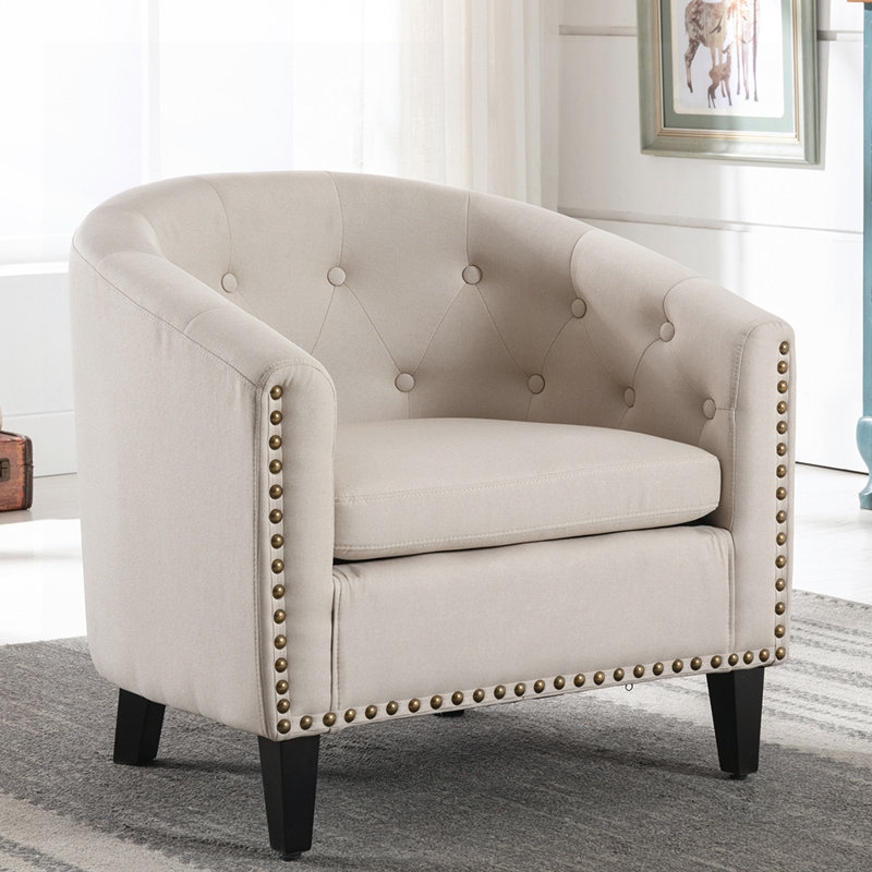 Fauteuil demi-tonneau touffeté, Lin brun clair
