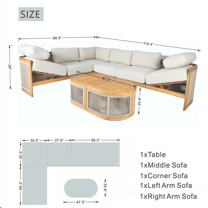 L-Shape 5-Seat Solid Acacia Modular Sofa Set With Cushions – Lounge Configuration