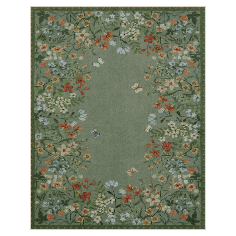 Floral Vintage Washable Dusty Green Area Rug with Non Slip Backing - Thin Durable Carpet for Living Room, Bedroom, Dining Room or Office Decor