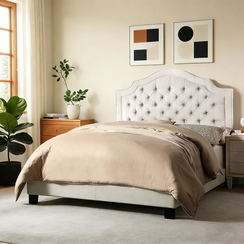 Upholstered Tufted Upholstered Bed with Adjustable Height Headboard, King, Beige
