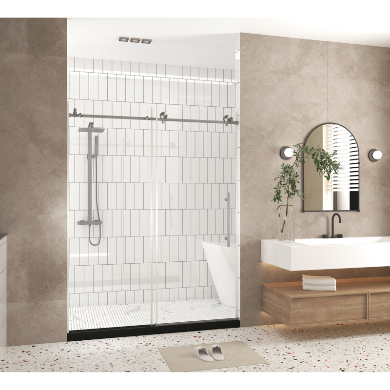 Shower Door 56 - 60" W 76" H 1/4"  6 Mm  Clear Tempered Glass Proof Film Stainless Steel Handle Brushed Nickel With Good Transmittance Large Wheels And Round Tracks For Effortless Smooth Movement