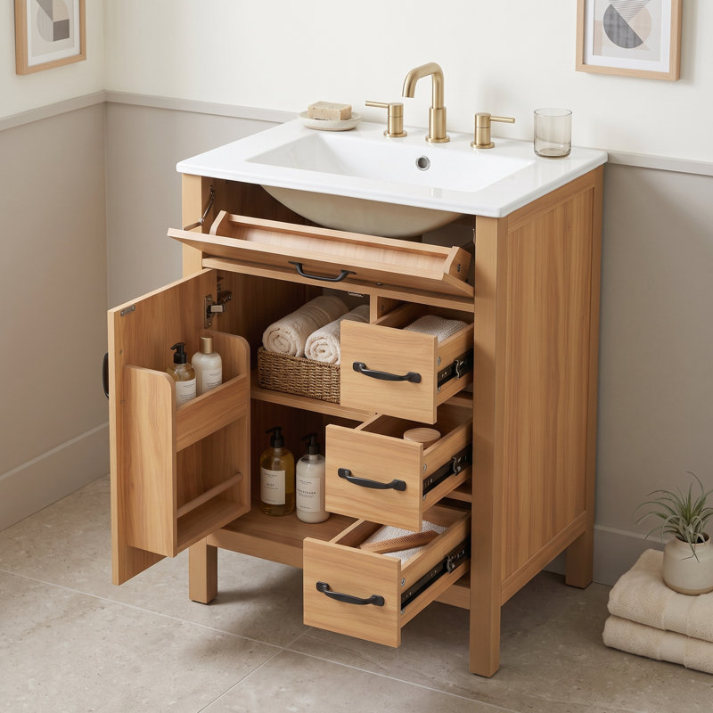 Meuble-lavabo en bois avec lavabo en céramique, 3 tiroirs, tiroir rabattable et quincaillerie à fermeture en douceur