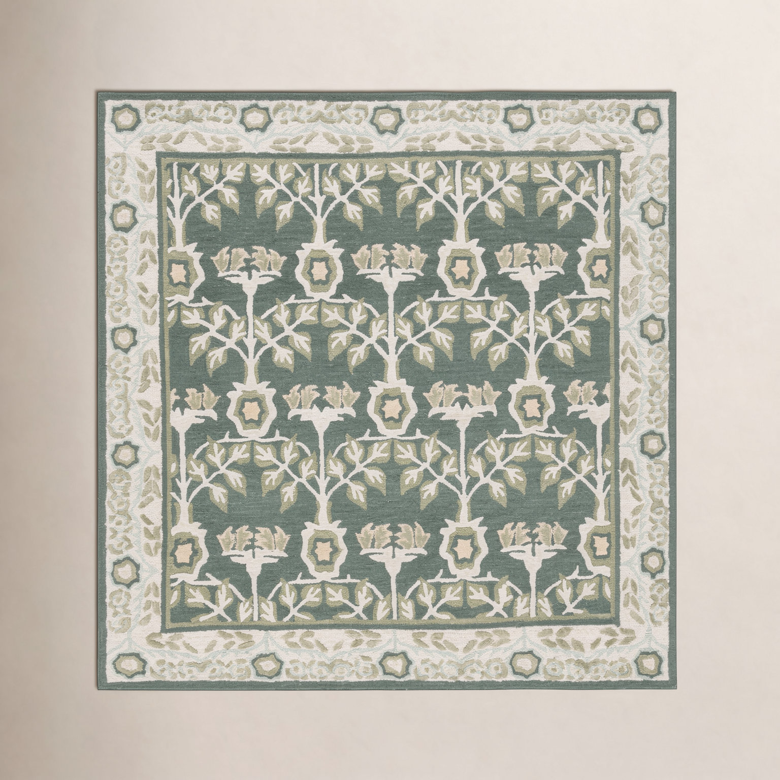 Green Ivory Hand-Tufted Floral Wool Rug, Square 6'