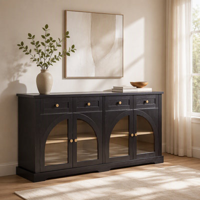 Buffet moderne de 152 cm (60 po) avec 4 tiroirs et 4 portes vitrées cintrées, meuble de rangement d'appoint avec étagères réglables pour entrée, salon ou salle à manger.