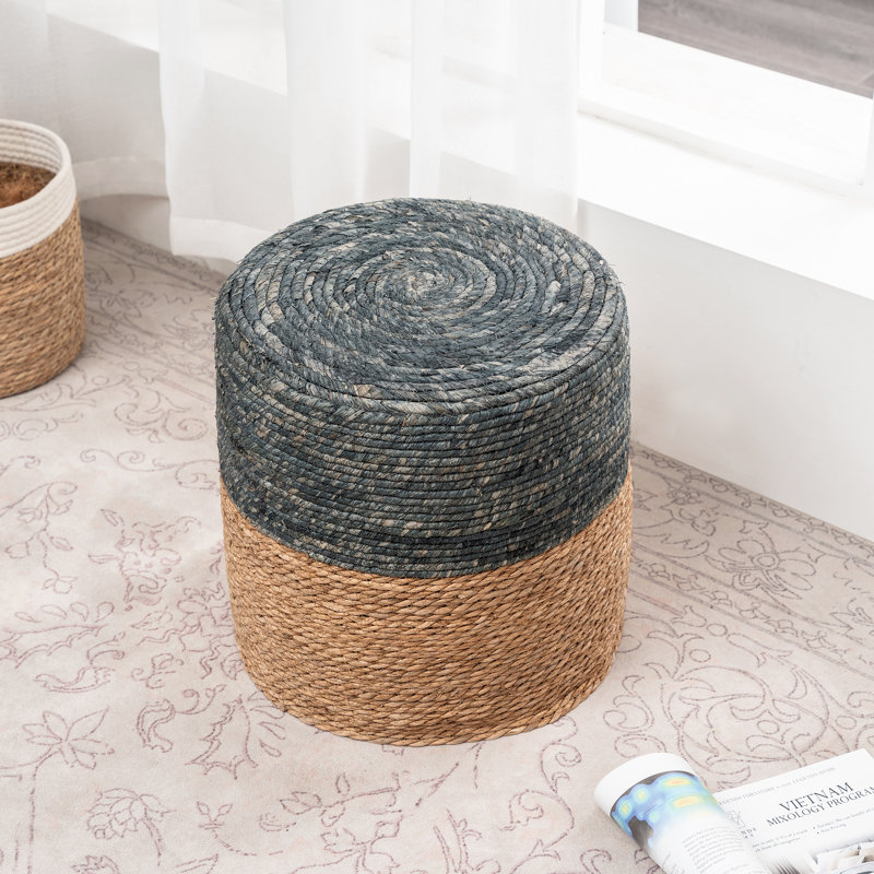 15.9" Handwoven Seagrass Round Ottoman, Gray/Brown Straw