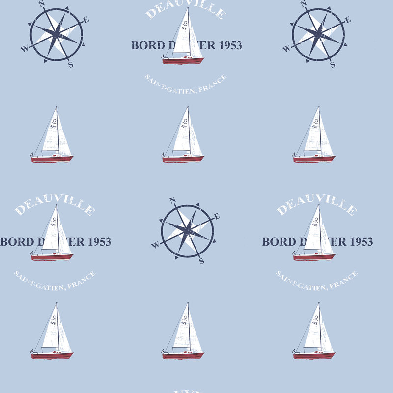 Deauville 2 Nautical Boat Motif Wallpaper Roll, Sky Blue/Navy Blue/White