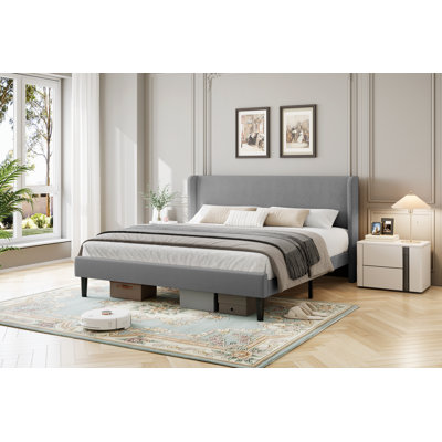 Gray King Upholstered Platform Bed with Wingback Headboard & Storage Pockets, No Box Spring Needed
