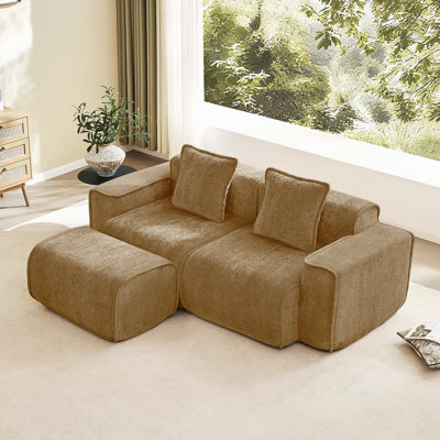 Canapé modulaire en L à 2 places avec passepoil à bordure française, sans assemblage requis, canapé à 2 places avec coussins décoratifs et 1 repose-pieds mobile, tissu de velours