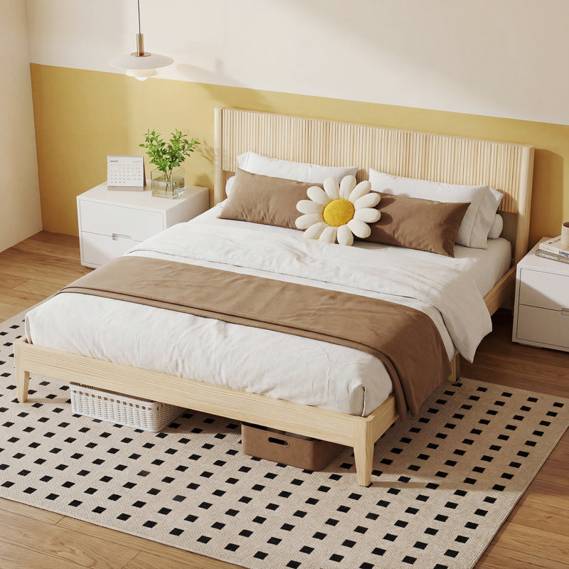 Solid Wood King  Bed Frame Platform Bedframe With Headboard Grille Style, King