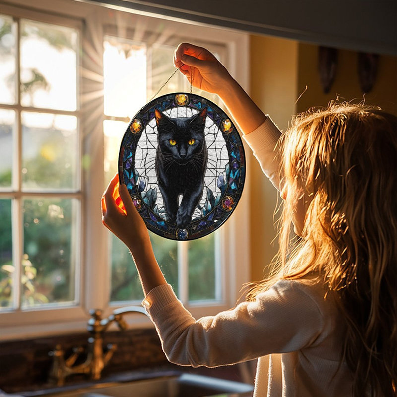 Chat noir avec vitrail de bijoux en vitrail pour fenêtre, 11,8 x 11,8 po (30 x 30 cm)