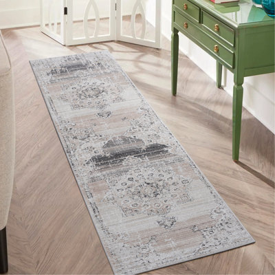 Tapis 2 x 8 avec médaillon crème / beige, résistant à la perte des taches, améliorant les combinaisons de salon, de salle à manger et de bureau à domicile