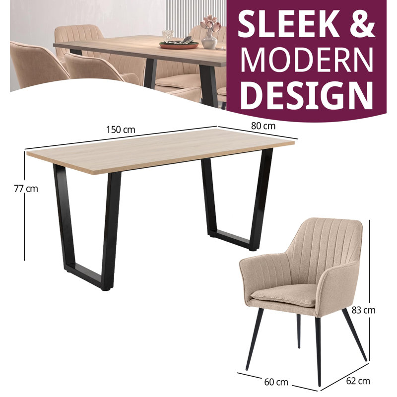 80cm Rectangular Dining Set with Upholstered Chairs, 77cm H x 150cm W x 80cm D, 7 Pieces: Table, 6 Chairs, Cream