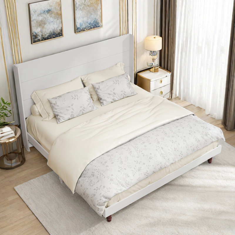 Upholstered High Headboard Platform Bed, King Size with Comfortable Backrest, White, King