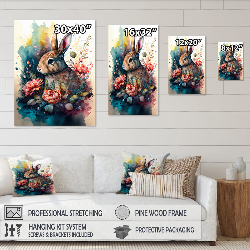 «Cute Rabbit Floral Art I», reproduction d'art sur toile, L 12 po x H 20 po, Toile tendue