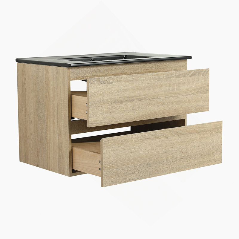 Meuble-lavabo mural 30 po avec lavabo en céramique noire, 2 tiroirs à fermeture en douceur