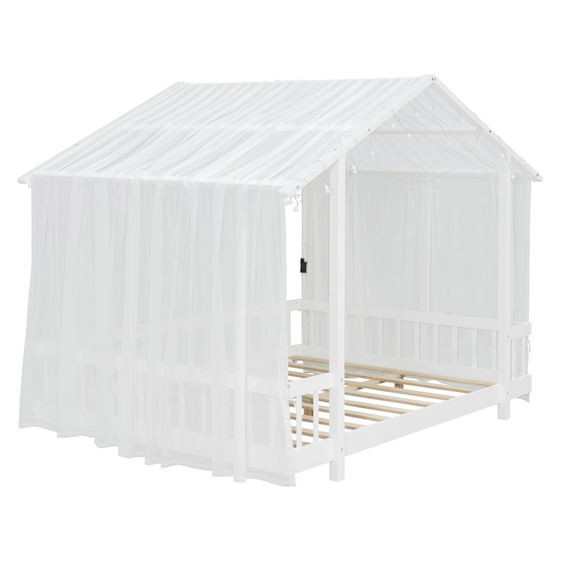 Lit plateforme double avec baldaquin en tissu transparent et guirlande lumineuse, blanc, Double, Blanc