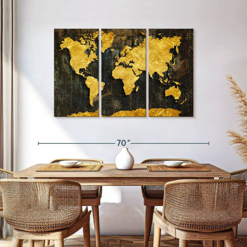 " Refined Gold World Map " by HustleBroIllustrations 3 - Pieces, 36" H x 57" W x 1.25" D