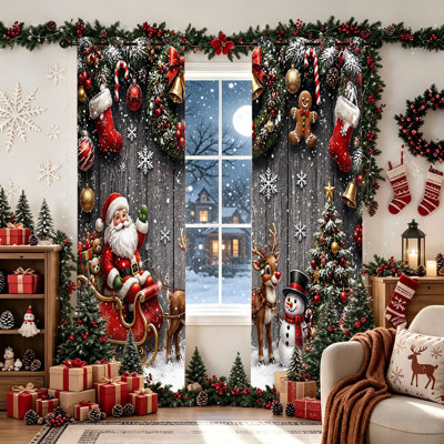 2Pcs Christmas Santa Sleigh Reindeer Snowman Pattern Blackout Curtains for Bedroom Living Room Home Decor