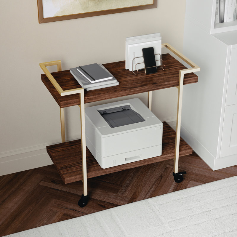 Martha Stewart Liam Mobile 2 Tier Home Office Printer Cart with Side Storage, Brass, Walnut
