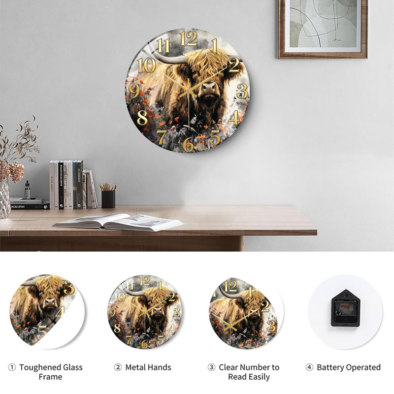 Horloge murale en verre Highland Cow, 40 x 40 cm (15,7 x 15,7 pouces)