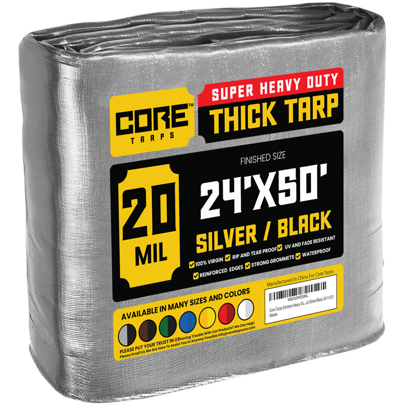 20 Mil Heavy Duty Polyethylene Tarp, Waterproof,Rip and Tear Proof, Silver/Black, 24 ft. x 50 ft.