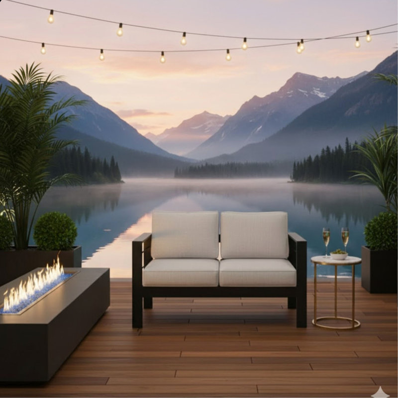 50" All-Weather Aluminum Patio Loveseat With Thick Cushions  Frame, Gray, Black