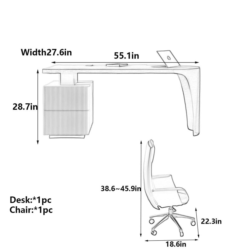 Bureau en ardoise minimaliste clair et luxueux, H 28,7 po x l 55,1 po x P 27,6 po, Gris / Blanc