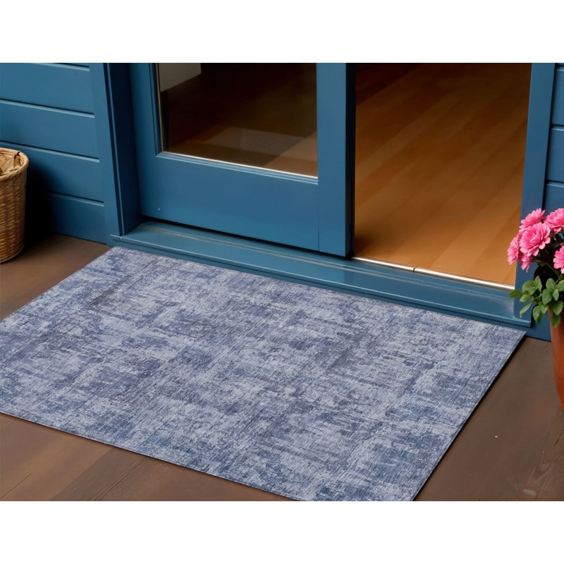 3' X 5' Blue And Ivory Abstract Washable Indoor Outdoor Area Rug