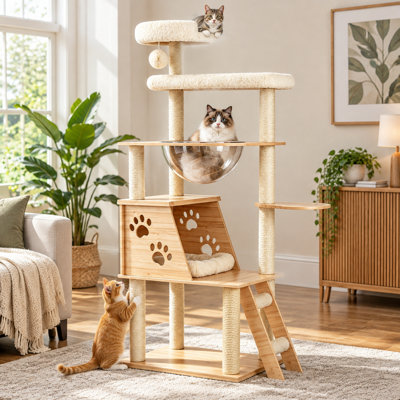 Tour pour arbre à chat de 53,5 po, maisonnette pour chat à plusieurs niveaux avec perchoir transparent, poteaux à griffer en sisal et échelle d'escalade, centre d'activité pour chatons et chats adultes, naturel