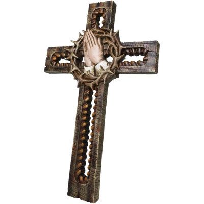 Mains priant avec couronne d'épines, croix murale à découpes rustiques