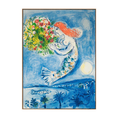 Impression sur toile encadrée, "Sirène au Bouquet" par Marc Chagall, art mural pour salon, décorations pour bureau à domicile (cadre de couleur bois mince, 12 po x 16 po)