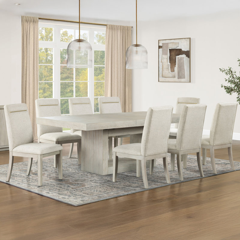 Kameah Extendable Trestle Dining Set, 9 Pieces: Table, 8 Chairs, Toffee/Beige