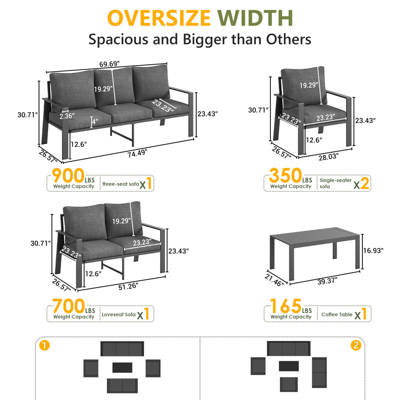 7-Person Sofa Seating Group With Coffee Table, Dark Gray Cushion/Gray Frame