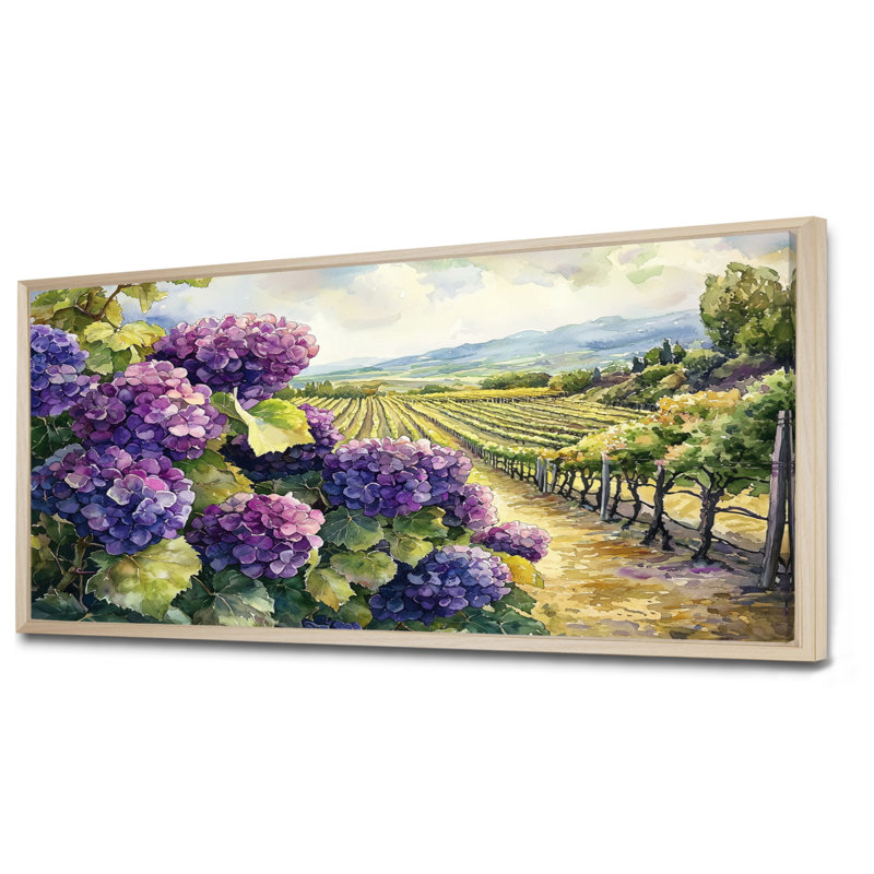 Jackquelin Hydrangeas In The Vineyard - Hydrangea Wall Art, Floater Frame Print, 28" H x 60 W, Cream