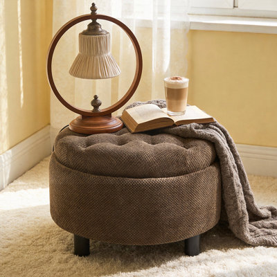 Repose-pieds rond avec rangement de 25 po avec plateau, table basse moderne capitonnée en tissu avec plateau amovible pour le salon et la chambre à coucher