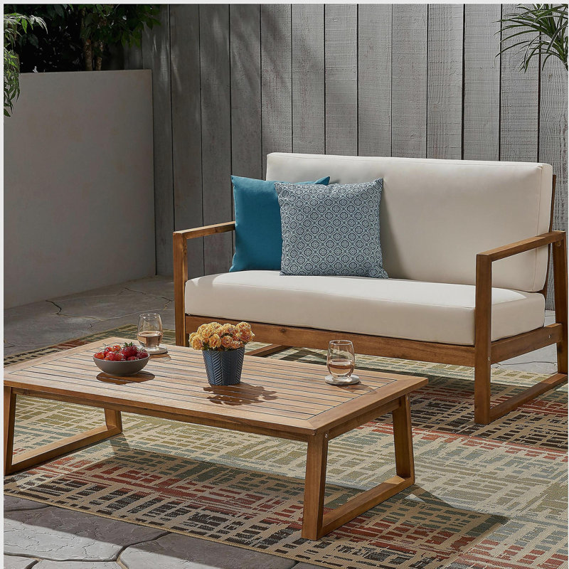 BELGIAN LOVESEAT & COFFEE TABLE, Beige Cushion/Teak Frame